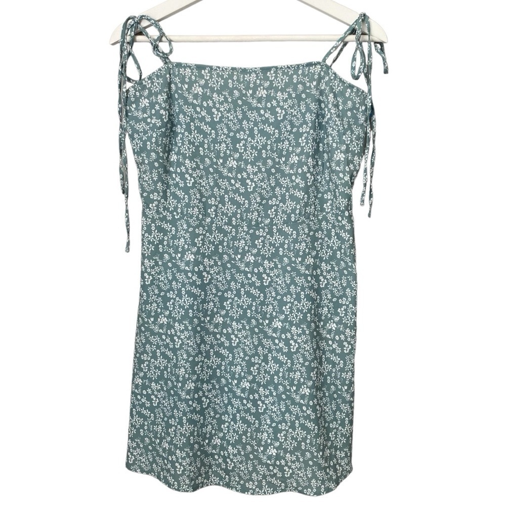 SHEIN Swing Sundress Tie Shoulder Back Smocking Green Ditsy White Floral Women 6